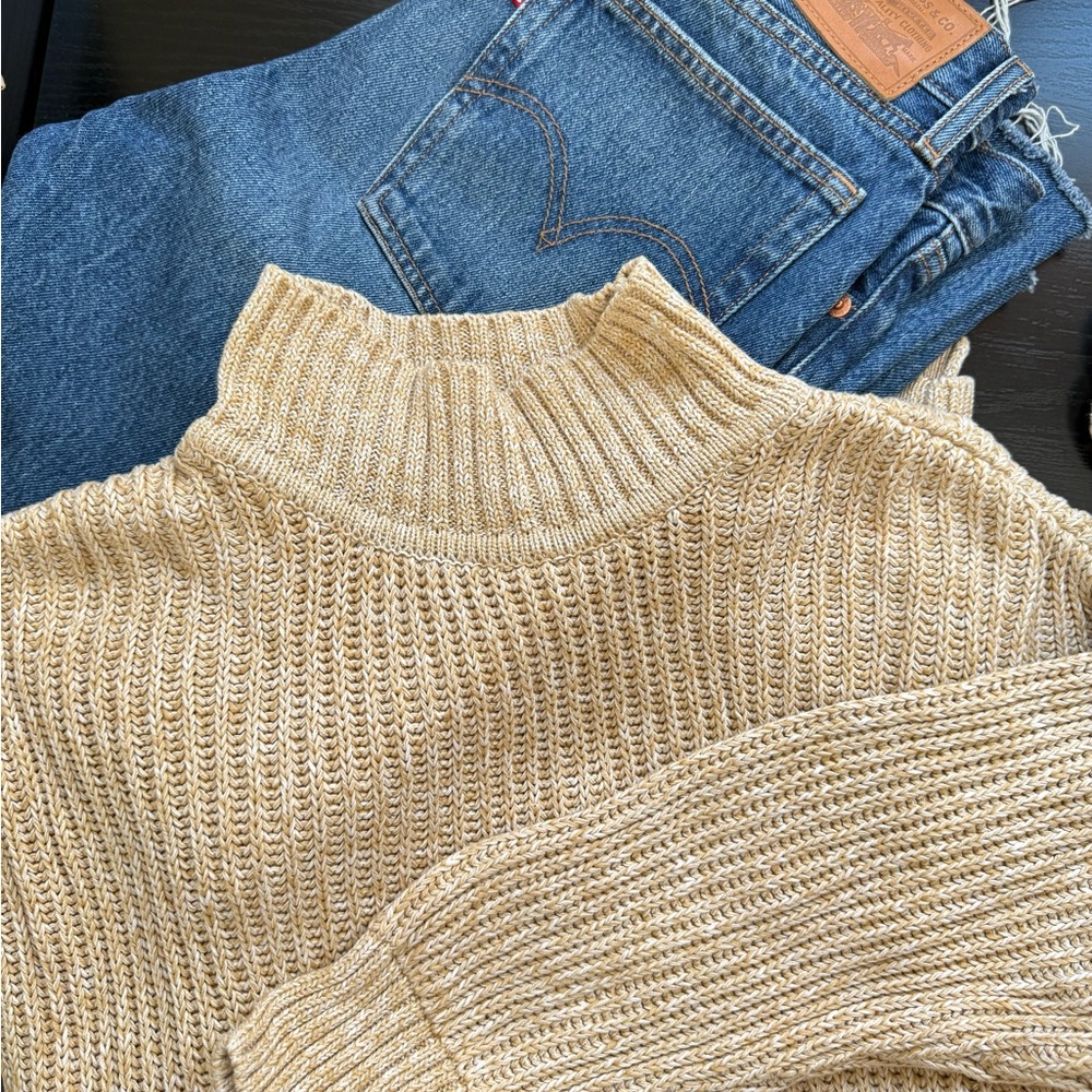 ABLE Organic Cotton Ribbed Mock Neck Sweater Beige Relaxed Knit Small